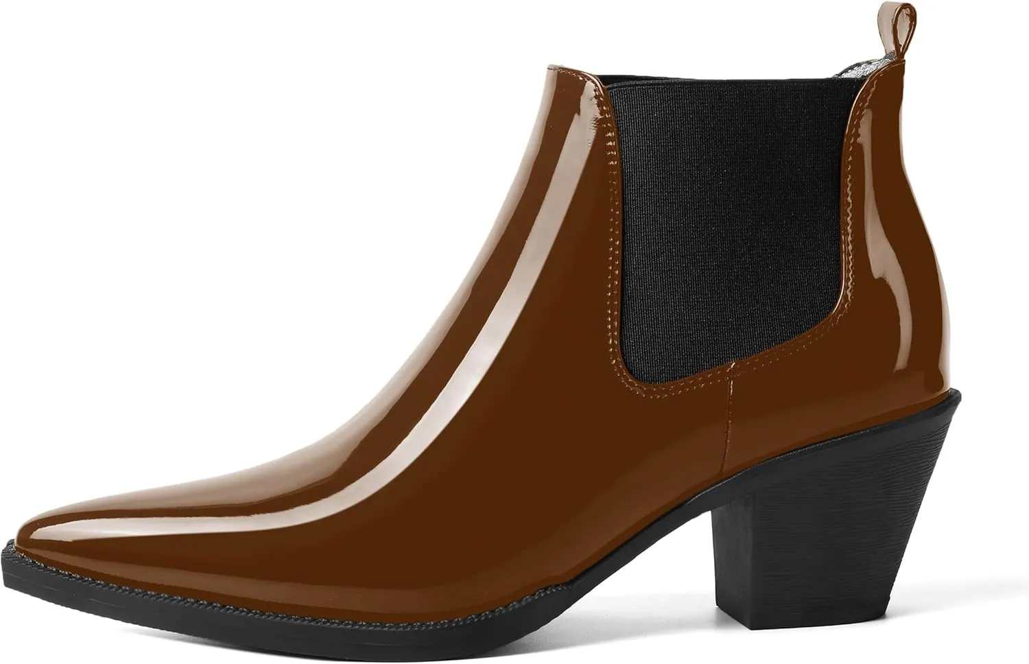 AMBELIGHT Womens Cute Pointed Toe Night Club Patent Slip On Block Low Heel Ankle High Boots 2.3 Inch