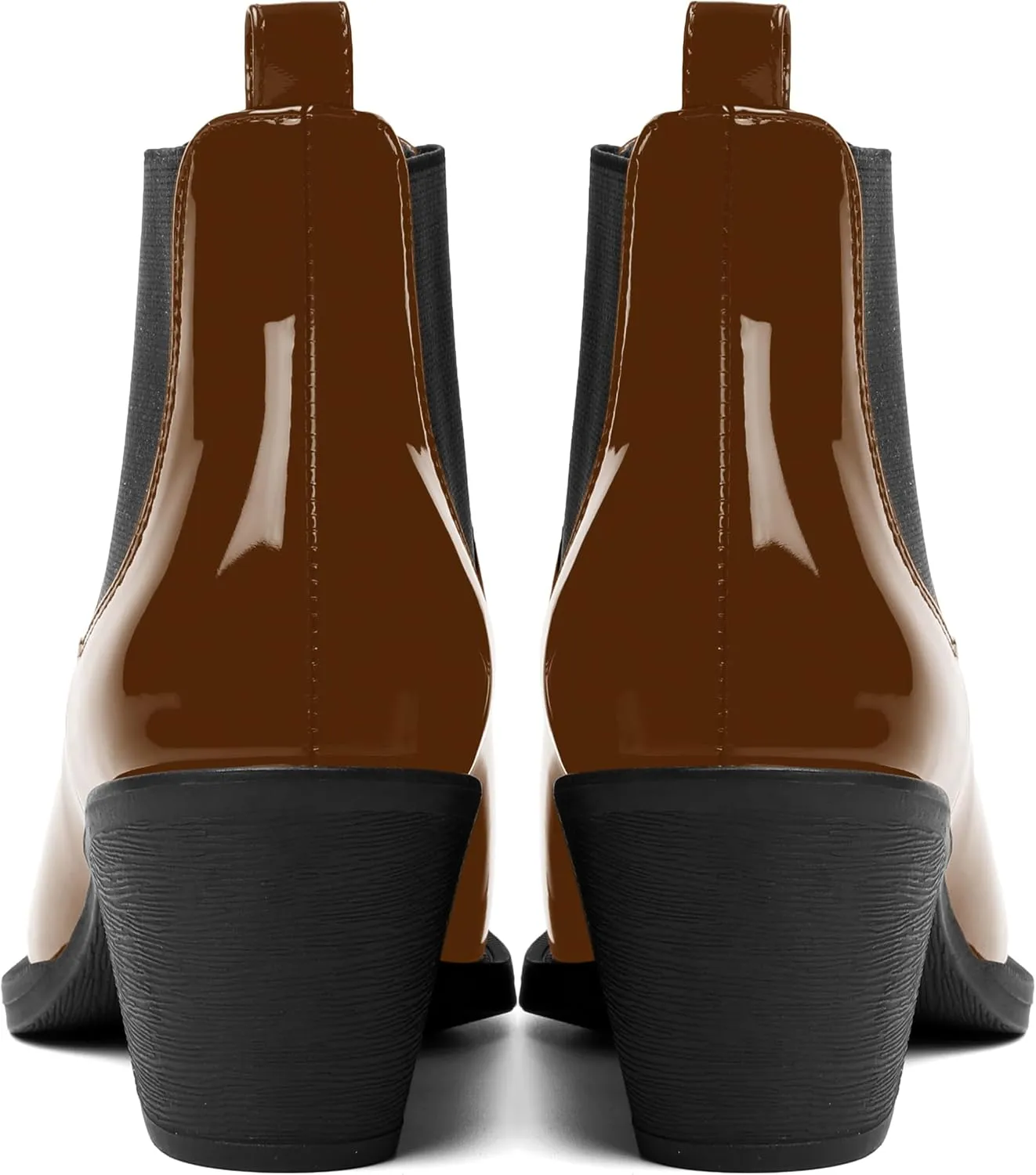 AMBELIGHT Womens Cute Pointed Toe Night Club Patent Slip On Block Low Heel Ankle High Boots 2.3 Inch
