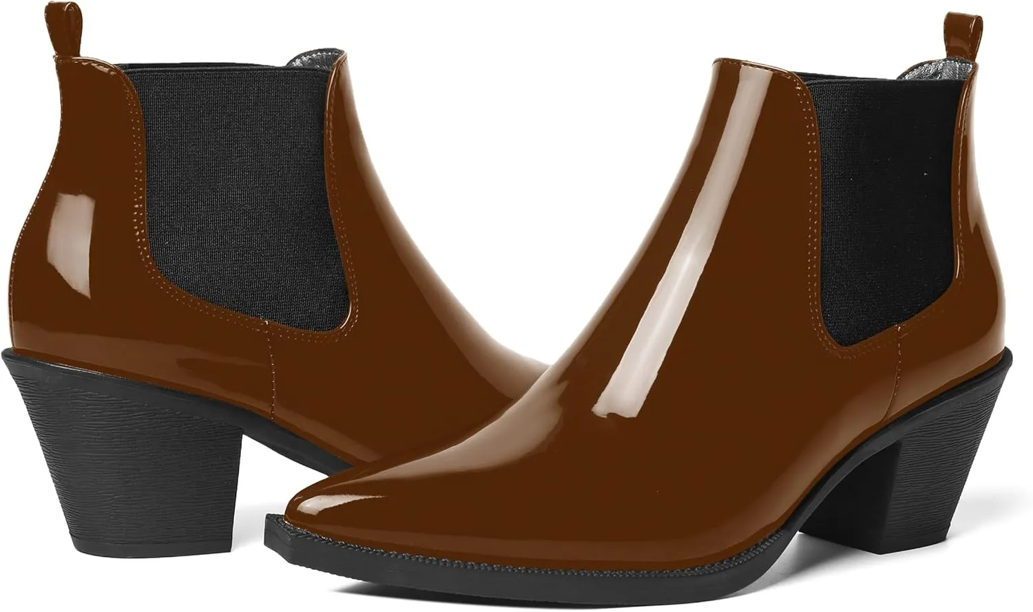 AMBELIGHT Womens Cute Pointed Toe Night Club Patent Slip On Block Low Heel Ankle High Boots 2.3 Inch