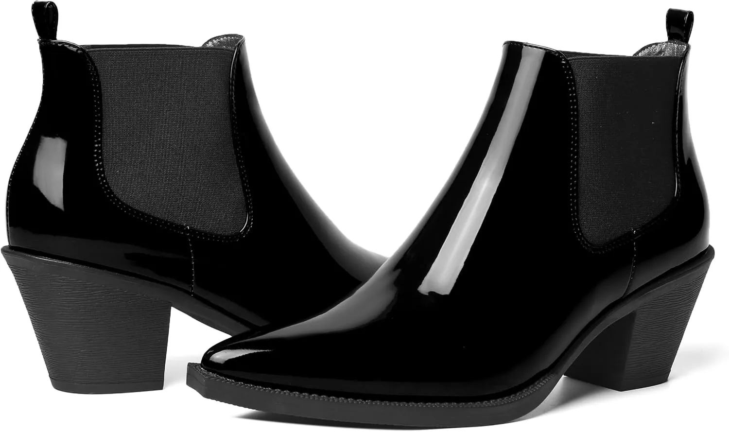 AMBELIGHT Womens Cute Pointed Toe Night Club Patent Slip On Block Low Heel Ankle High Boots 2.3 Inch