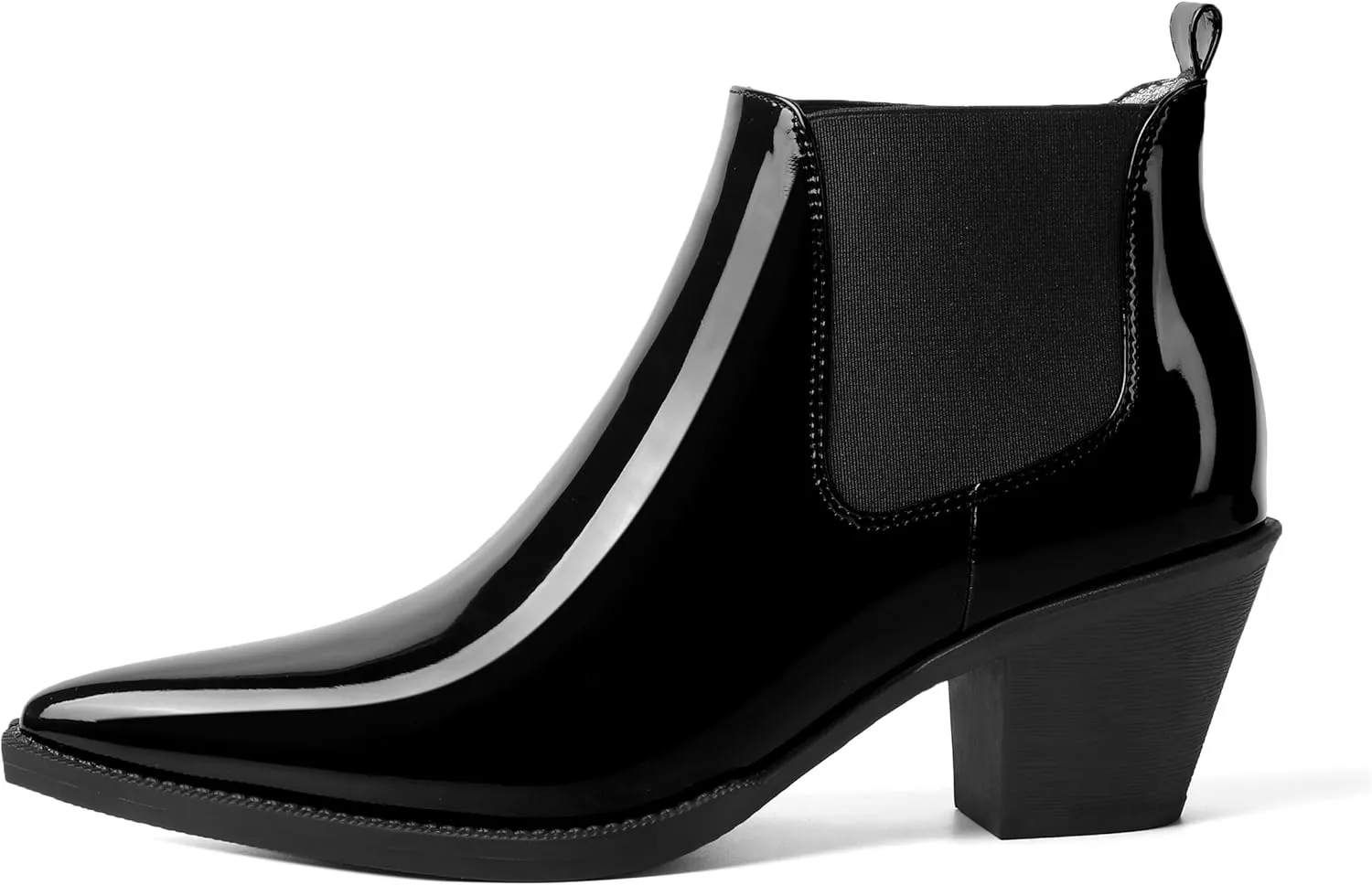 AMBELIGHT Womens Cute Pointed Toe Night Club Patent Slip On Block Low Heel Ankle High Boots 2.3 Inch