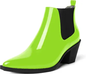 AMBELIGHT Womens Cute Pointed Toe Night Club Patent Slip On Block Low Heel Ankle High Boots 2.3 Inch