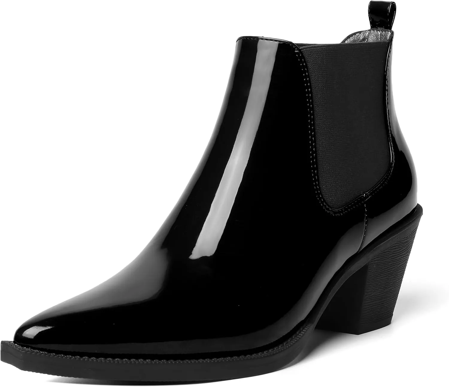 AMBELIGHT Womens Cute Pointed Toe Night Club Patent Slip On Block Low Heel Ankle High Boots 2.3 Inch