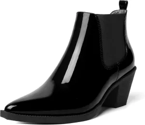 AMBELIGHT Womens Cute Pointed Toe Night Club Patent Slip On Block Low Heel Ankle High Boots 2.3 Inch