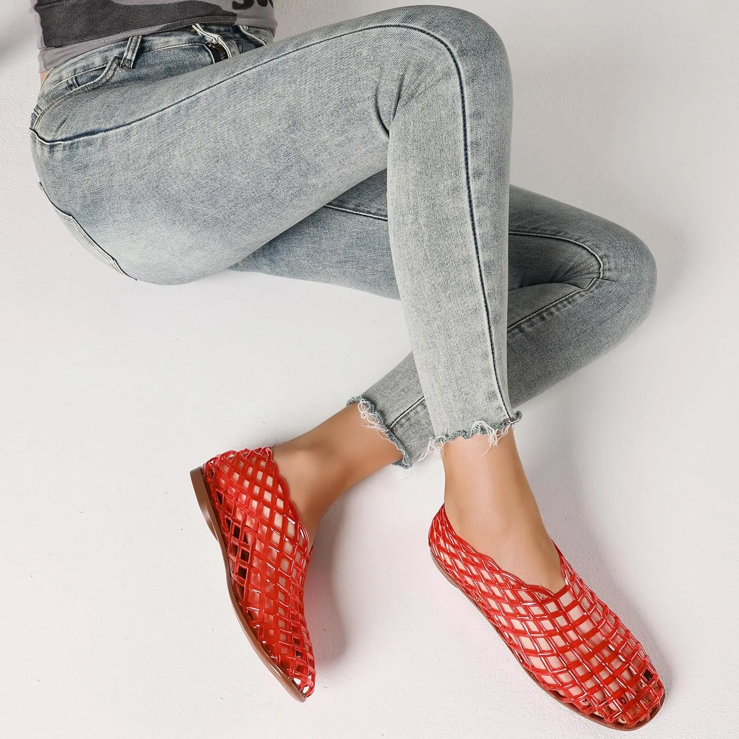 AMINUGAL Mesh Ballet Flats Shoes for Women Dressy Comfortable Jelly Ballerina Flats for Women Hollow Jelly Flat Shoes for Women Clear Jelly Sandals for Women Summer Beach Slip-on Jelly Shoes Women