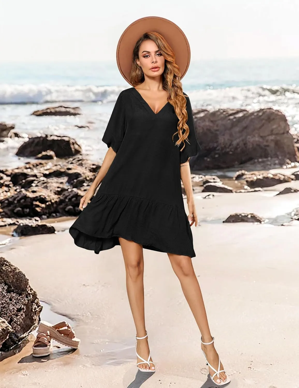 Aoulaydo Womens Swimsuit Coverups Sexy V Neck Bathing Suit Cover Ups Casual Loose Cover Up for Swimwear