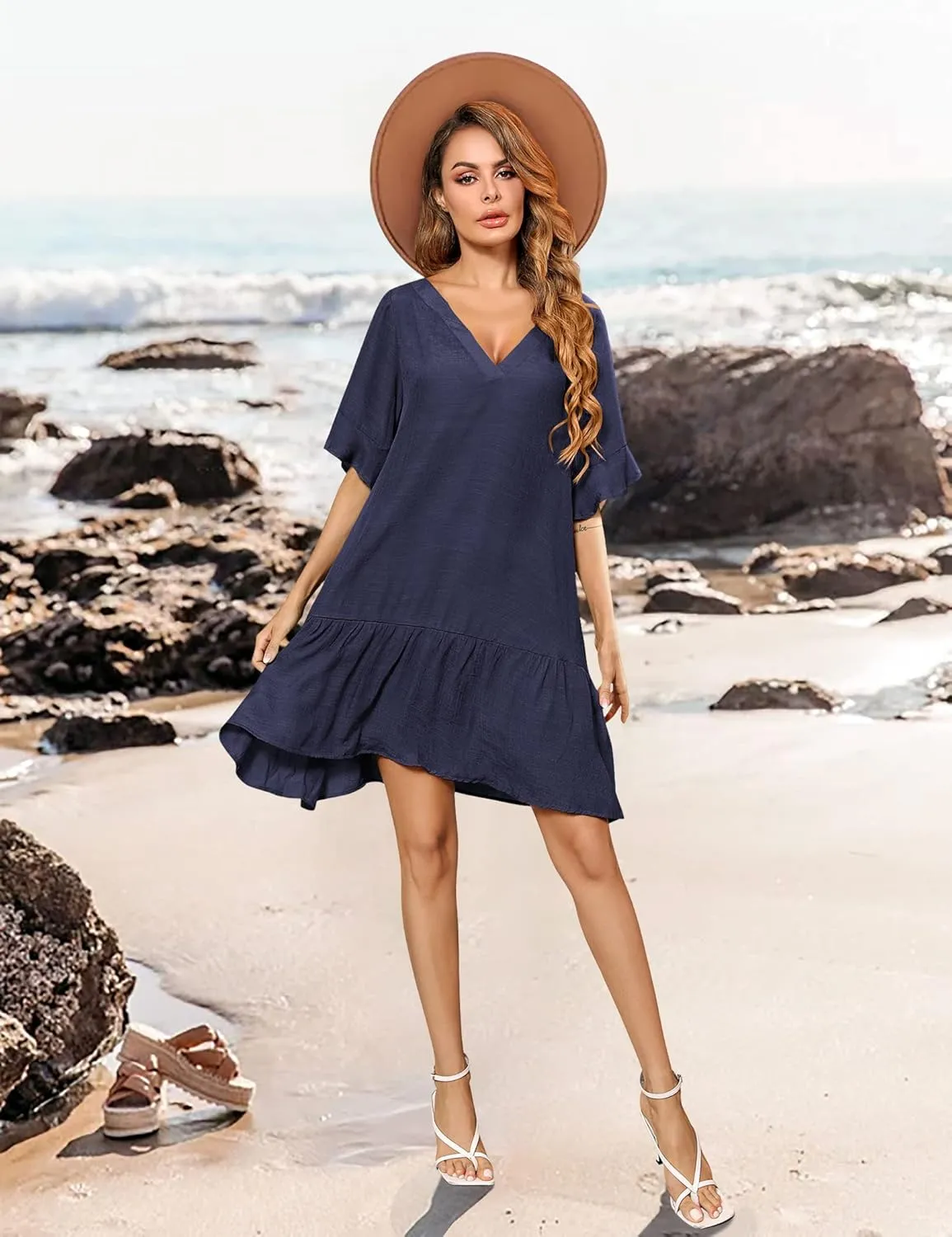 Aoulaydo Womens Swimsuit Coverups Sexy V Neck Bathing Suit Cover Ups Casual Loose Cover Up for Swimwear