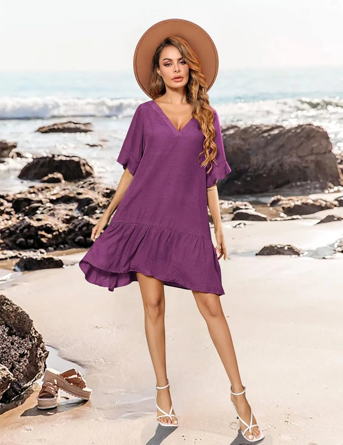 Aoulaydo Womens Swimsuit Coverups Sexy V Neck Bathing Suit Cover Ups Casual Loose Cover Up for Swimwear