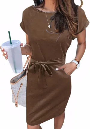 Arolina Womens Summer Short Sleeve Striped T Shirt Dress Casual Midi Dresses Crewneck Tie Waist with Pockets