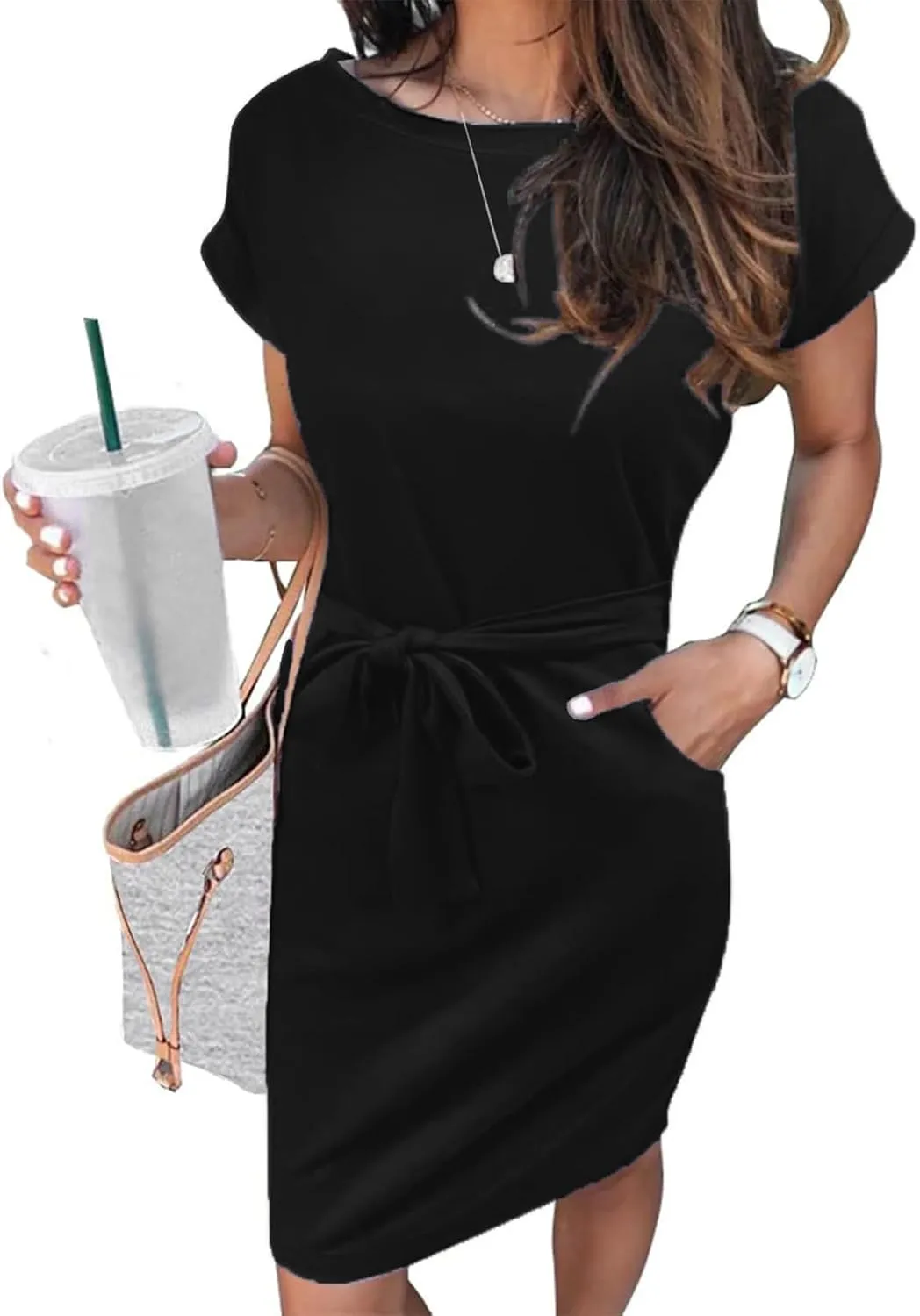 Arolina Womens Summer Short Sleeve Striped T Shirt Dress Casual Midi Dresses Crewneck Tie Waist with Pockets