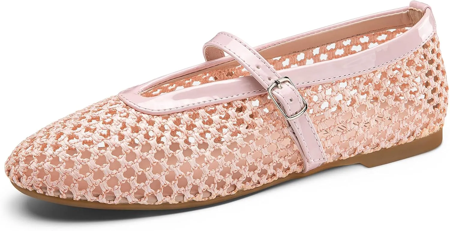 ATHMILE Mesh Ballet Flats for Women Buckle Strap Flat Heel Ballerina Shoes Summer Dress Sandals