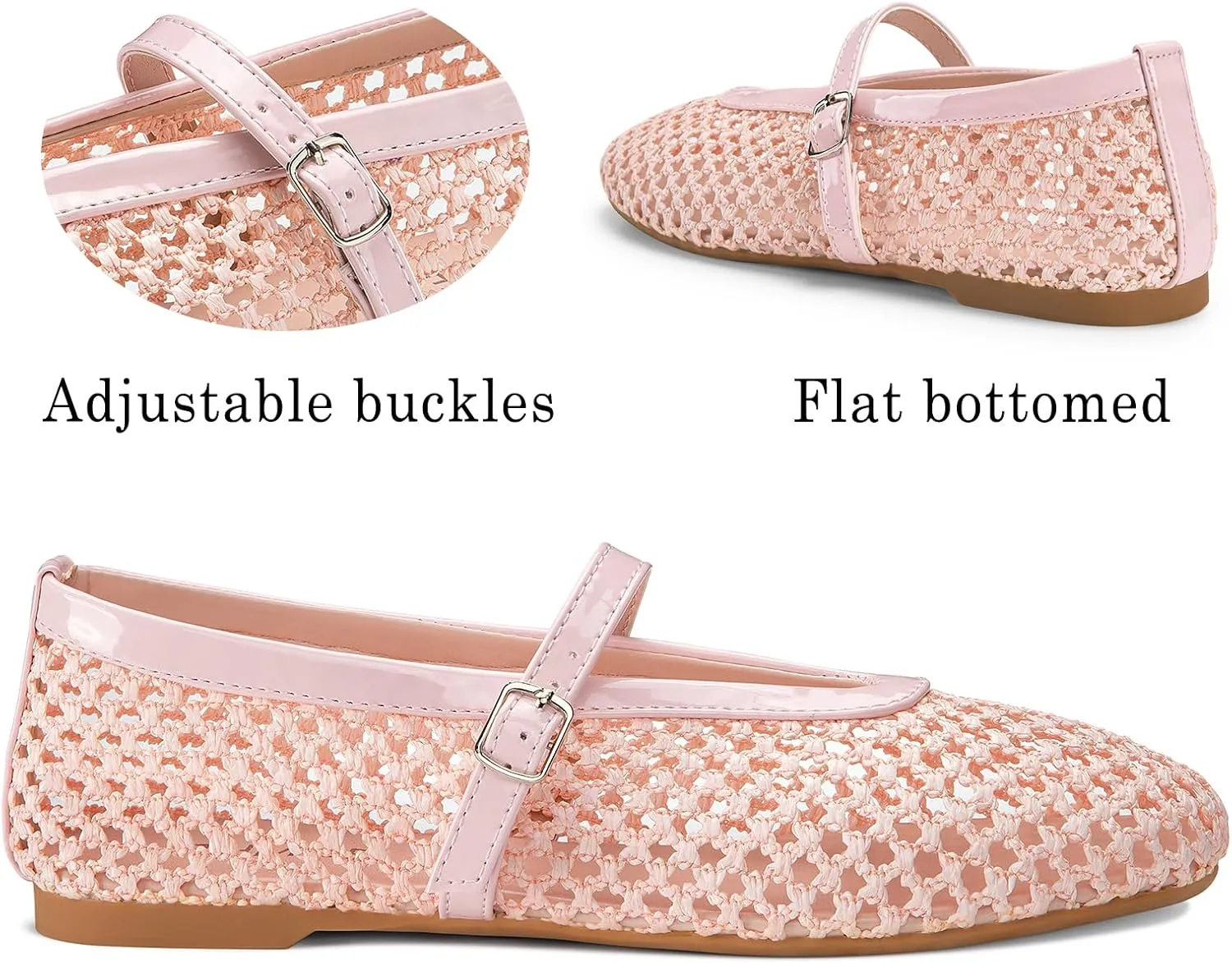 ATHMILE Mesh Ballet Flats for Women Buckle Strap Flat Heel Ballerina Shoes Summer Dress Sandals