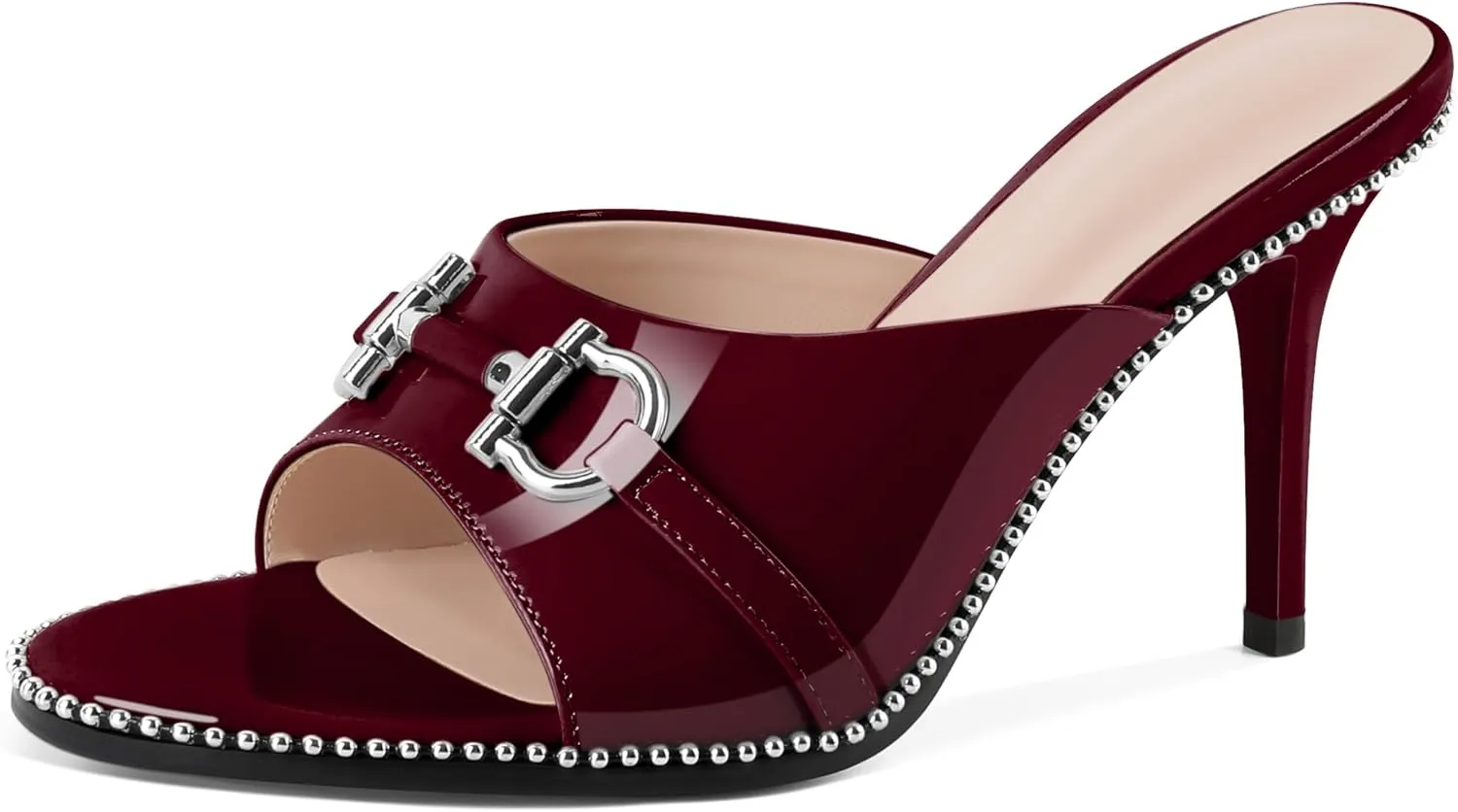 AUMOTED Peep Open Toe Sandals Women Stiletto High Heels Beaded Sandals Slip On Wedding Office Cute Basic Classic 3.1 Inches Summer Heels