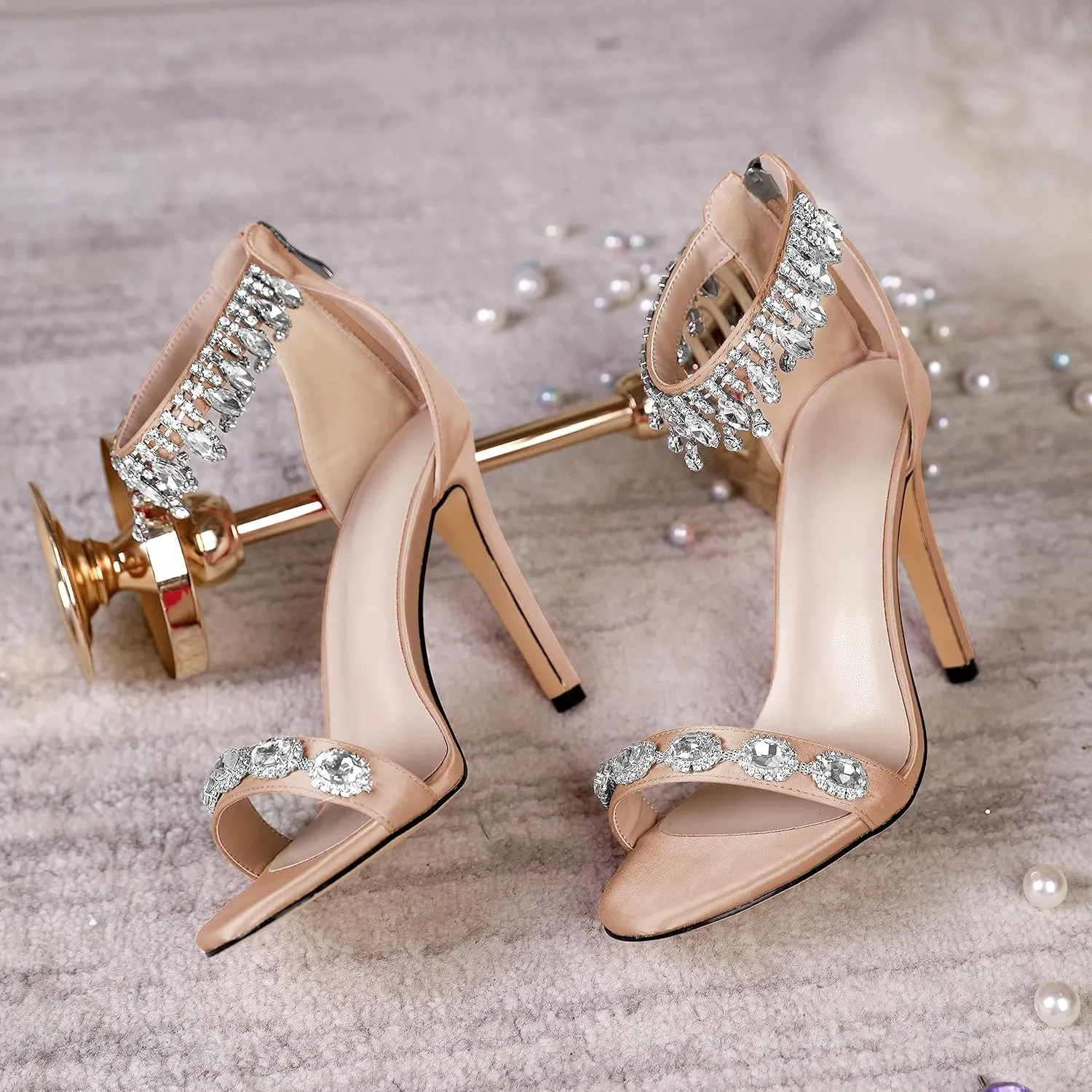 AUMOTED Women's High Heels Open Toe Pumps Stiletto Heeled Sandals Dating Beaded Pumps with Pearl Ankle Buckle Strap Bride Wedding Party Shoes 4.3 Inch