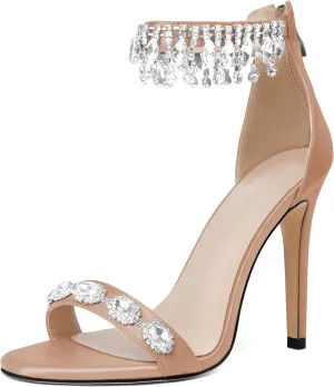 AUMOTED Women's High Heels Open Toe Pumps Stiletto Heeled Sandals Dating Beaded Pumps with Pearl Ankle Buckle Strap Bride Wedding Party Shoes 4.3 Inch