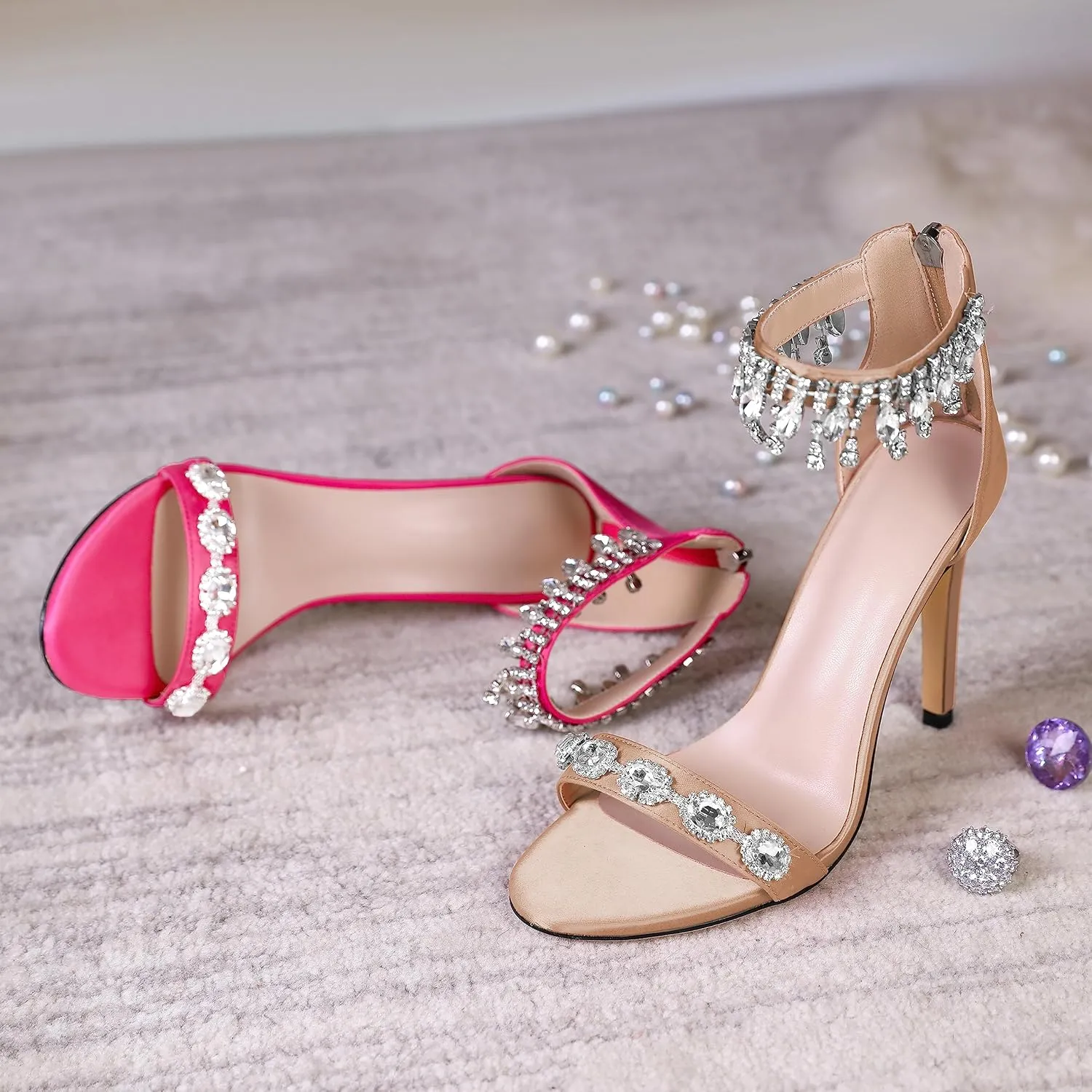 AUMOTED Women's High Heels Open Toe Pumps Stiletto Heeled Sandals Dating Beaded Pumps with Pearl Ankle Buckle Strap Bride Wedding Party Shoes 4.3 Inch