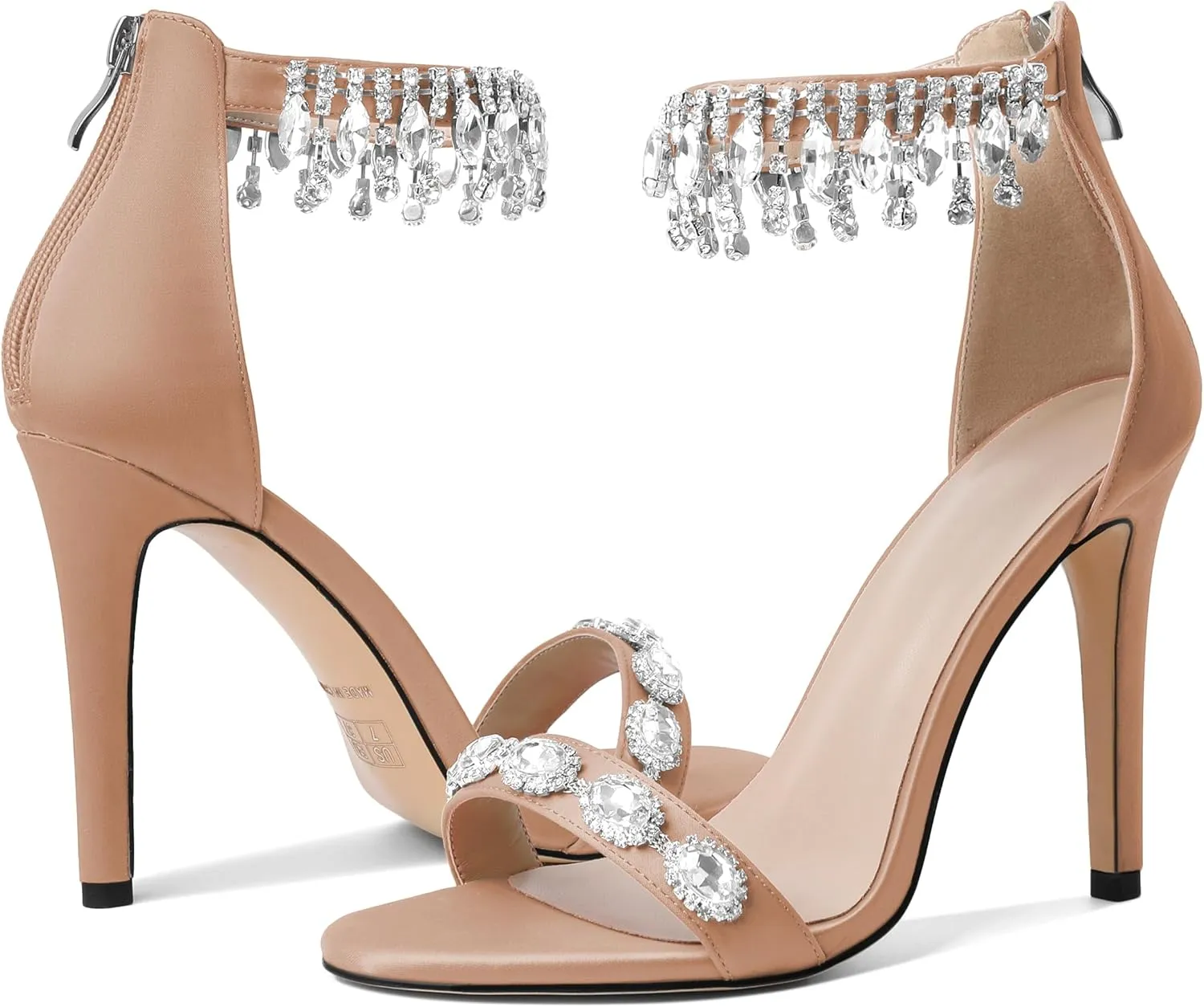 AUMOTED Women's High Heels Open Toe Pumps Stiletto Heeled Sandals Dating Beaded Pumps with Pearl Ankle Buckle Strap Bride Wedding Party Shoes 4.3 Inch