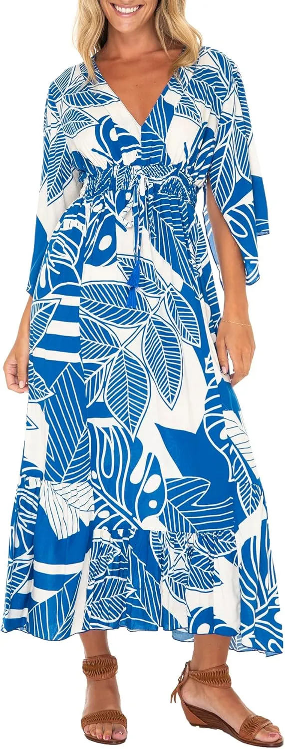 Back From Bali Womens Casual Boho Dress Long Maxi Flowy Dresses with Deep V Neck Summer Sundress