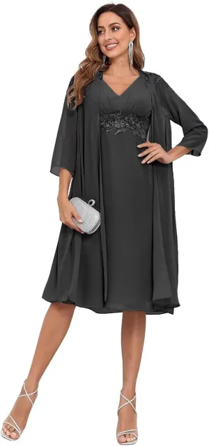 BANTRATIC 2 Pieces Mother of The Bride Dress for Wedding 3/4 Sleeves Short Chiffon V Neck Formal Party Gowns with Jacket