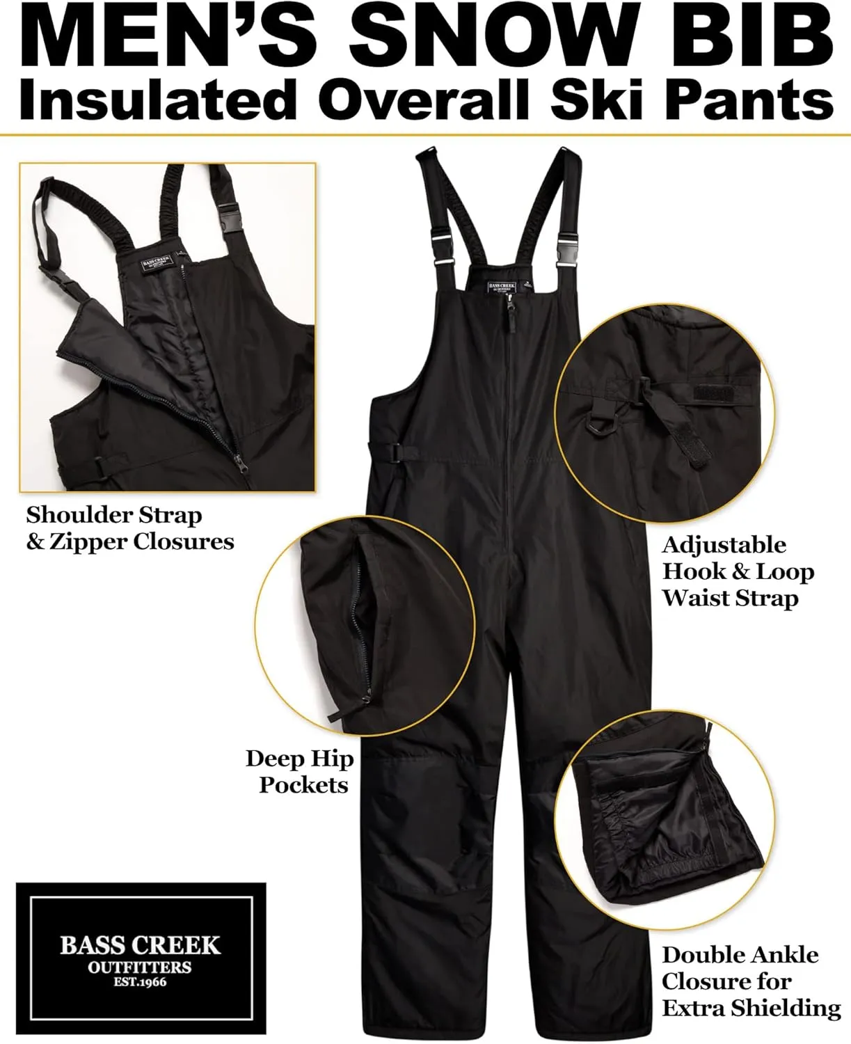 Bass Creek Outfitters Men's Insulated Snow Bib - Water Resistant Snowboard Overall Ski Pants (Sizes: M-3X)