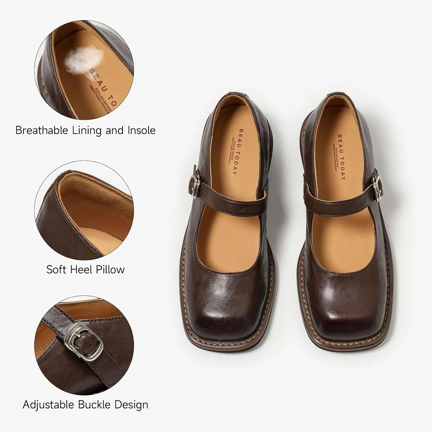 BEAU TODAY Womens Mary Janes, Leather Mary Janes for Women, Fashion Square Toe Ballet Flats, Comfortable Business Office Casual Dressy Mary Jane Flats for Women with Ankle Strap