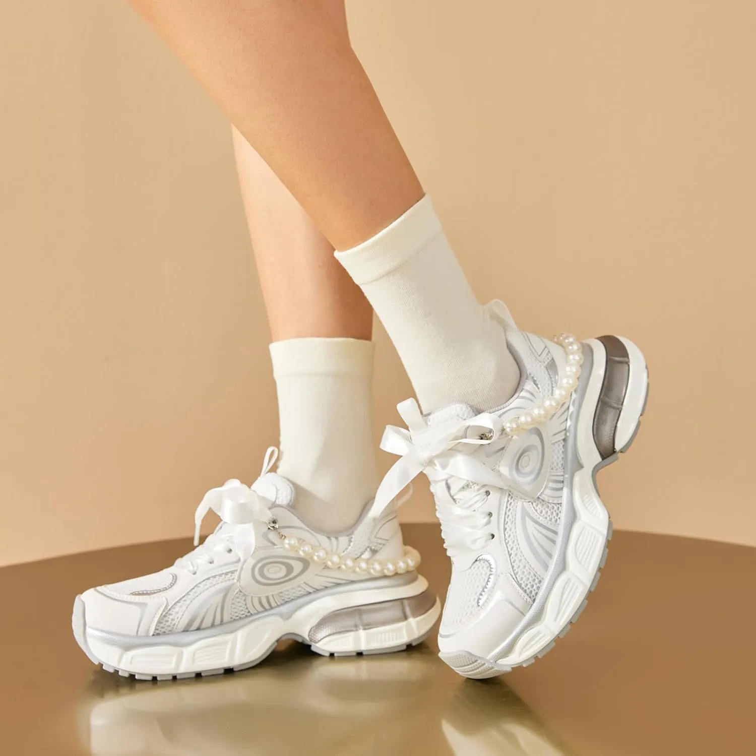 BEAU TODAY Womens Platform Fashion Sneakers, Chunky Wide Sneakers for Women, Leather Lace-up Breathable Walking Shoes for Women, Comfortable Casual Workout Athletic Tennis Shoes