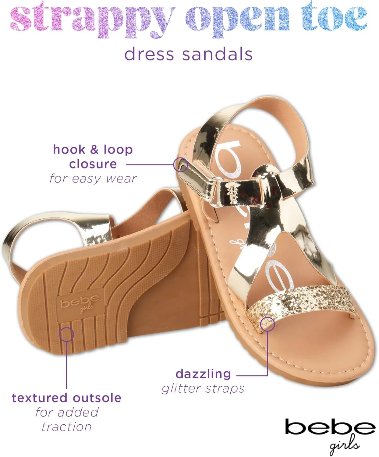 bebe Girls' Sandals - Glitter Multi Strap Open Toe Flat Dress Sandals, Easter Summer Shoes for Toddler Girls