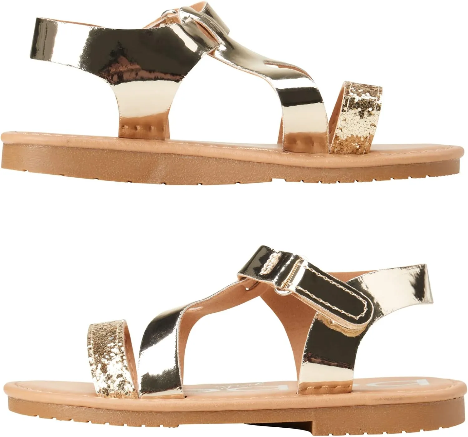 bebe Girls' Sandals - Glitter Multi Strap Open Toe Flat Dress Sandals, Easter Summer Shoes for Toddler Girls