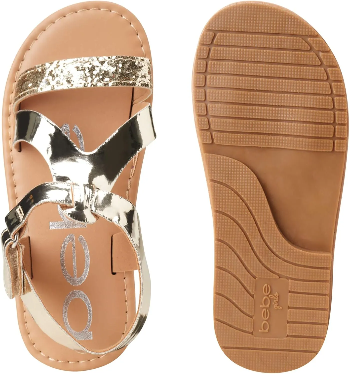 bebe Girls' Sandals - Glitter Multi Strap Open Toe Flat Dress Sandals, Easter Summer Shoes for Toddler Girls
