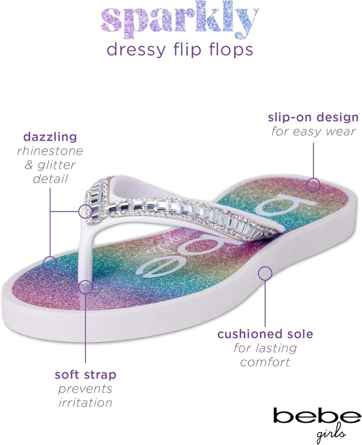 bebe Girls' Sandals - Open Toe Slip On Summer Holiday Rhinestone Thong Flip Flops with Soft Strap and Cushioned Sole