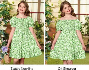 BesserBay Girls Summer Puff Sleeve Square Neck Smocked Ruffle Trim Flowy Midi Dress 4-14 Years
