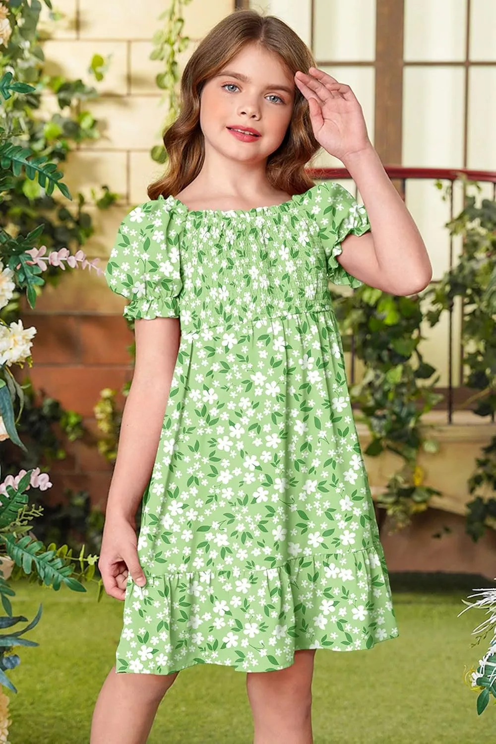 BesserBay Girls Summer Puff Sleeve Square Neck Smocked Ruffle Trim Flowy Midi Dress 4-14 Years