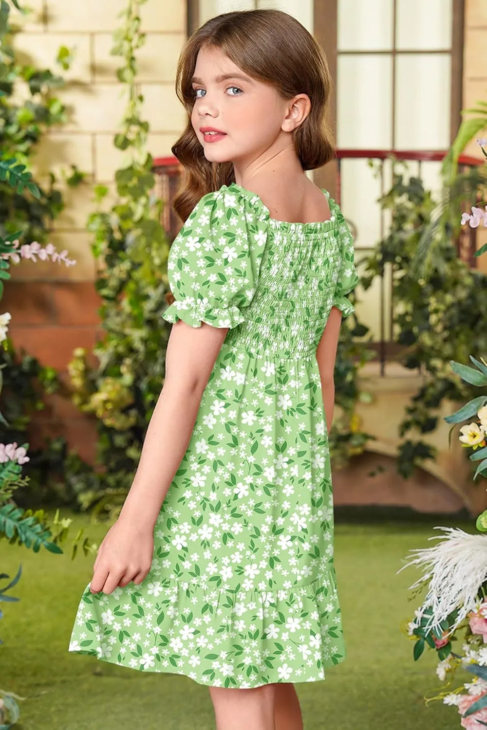 BesserBay Girls Summer Puff Sleeve Square Neck Smocked Ruffle Trim Flowy Midi Dress 4-14 Years