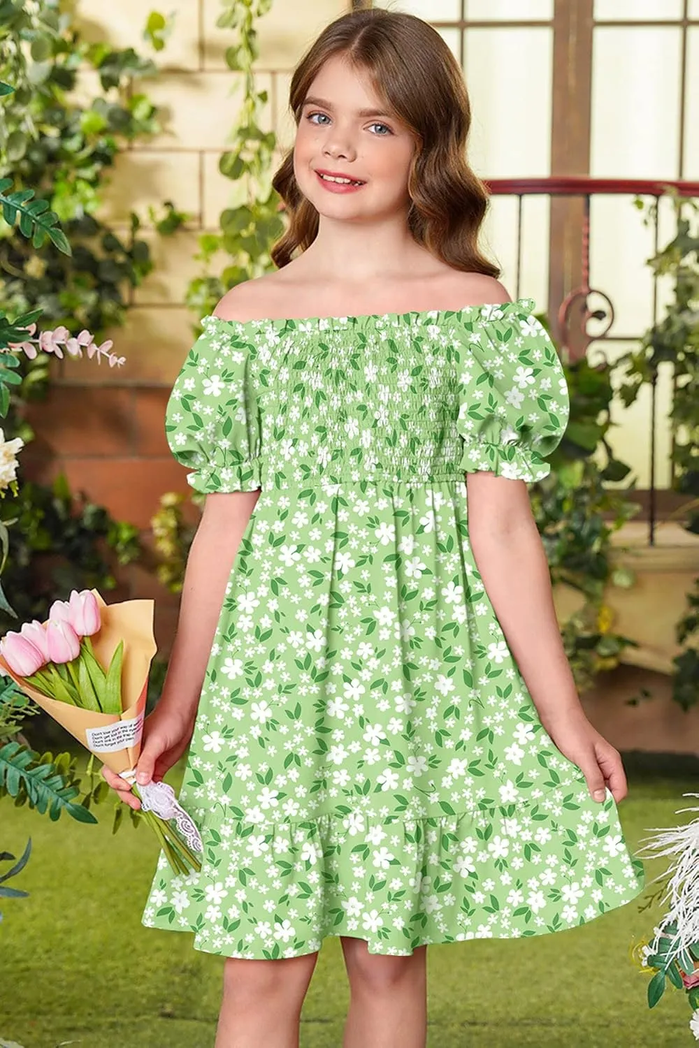 BesserBay Girls Summer Puff Sleeve Square Neck Smocked Ruffle Trim Flowy Midi Dress 4-14 Years