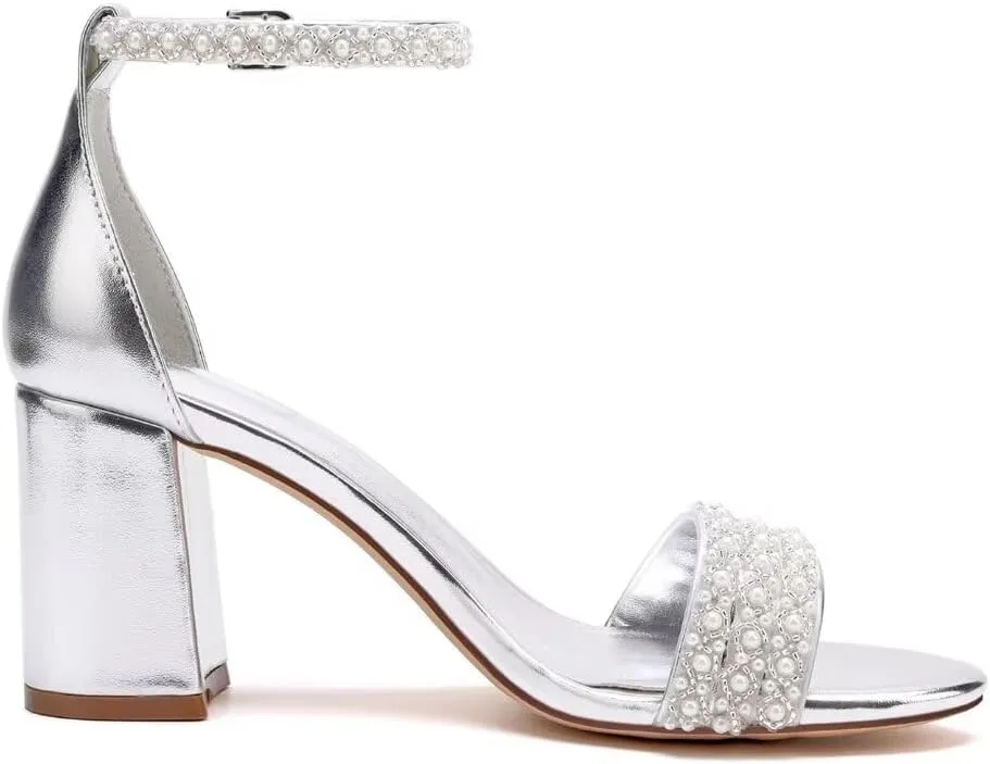 Block Heel Wedding Shoes for Bride Open Toe Pearl Bridal Shoes Wedding Heeled Sandals