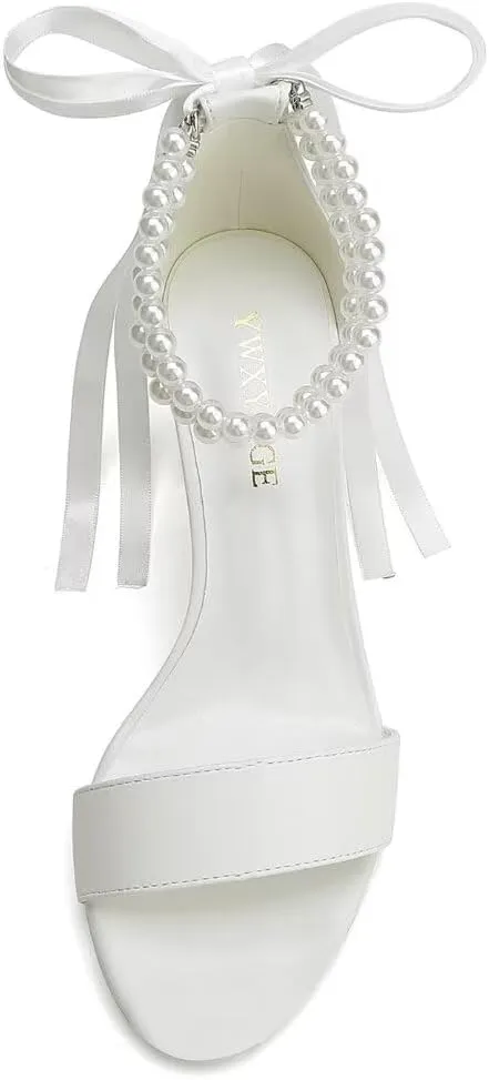 Block Heel Wedding Shoes for Bride Women Chunky Heeled Sandals Pearl Bridal Shoes