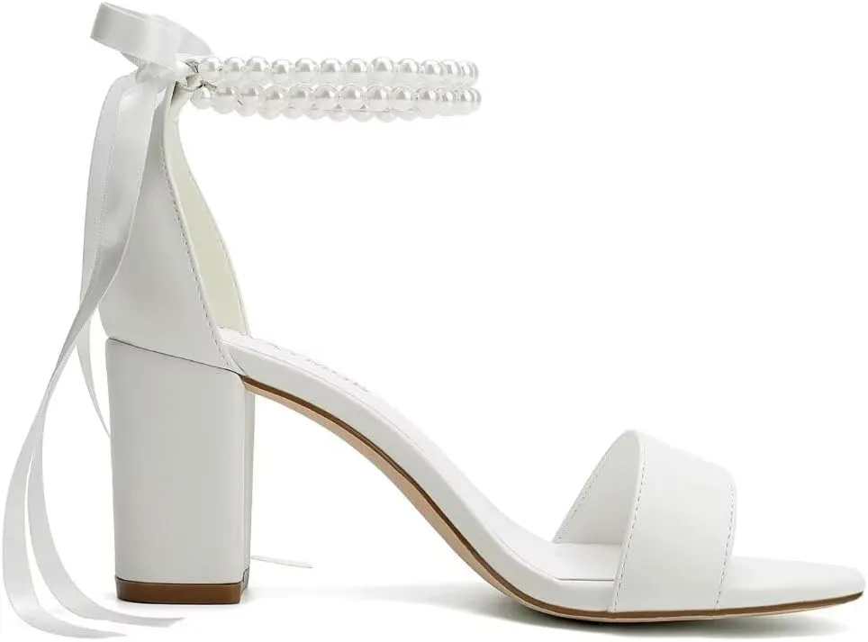 Block Heel Wedding Shoes for Bride Women Chunky Heeled Sandals Pearl Bridal Shoes