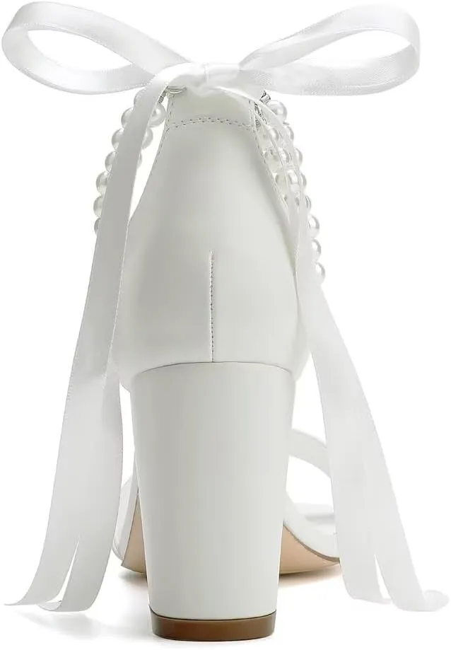 Block Heel Wedding Shoes for Bride Women Chunky Heeled Sandals Pearl Bridal Shoes