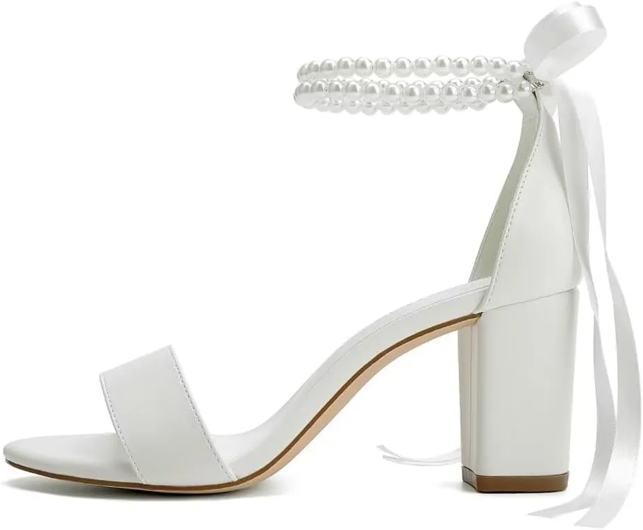 Block Heel Wedding Shoes for Bride Women Chunky Heeled Sandals Pearl Bridal Shoes