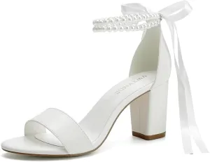 Block Heel Wedding Shoes for Bride Women Chunky Heeled Sandals Pearl Bridal Shoes