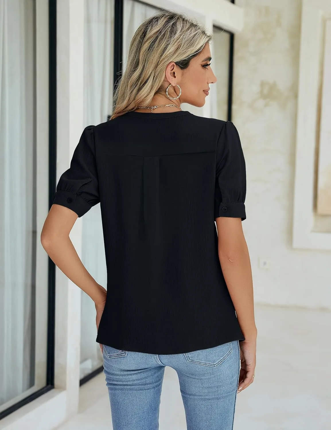 Blooming Jelly Womens Dressy Casual Tops Keyhole Business Work Blouses Pleated Puff Sleeve Summer Shirts