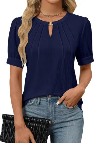 Blooming Jelly Womens Dressy Casual Tops Keyhole Business Work Blouses Pleated Puff Sleeve Summer Shirts