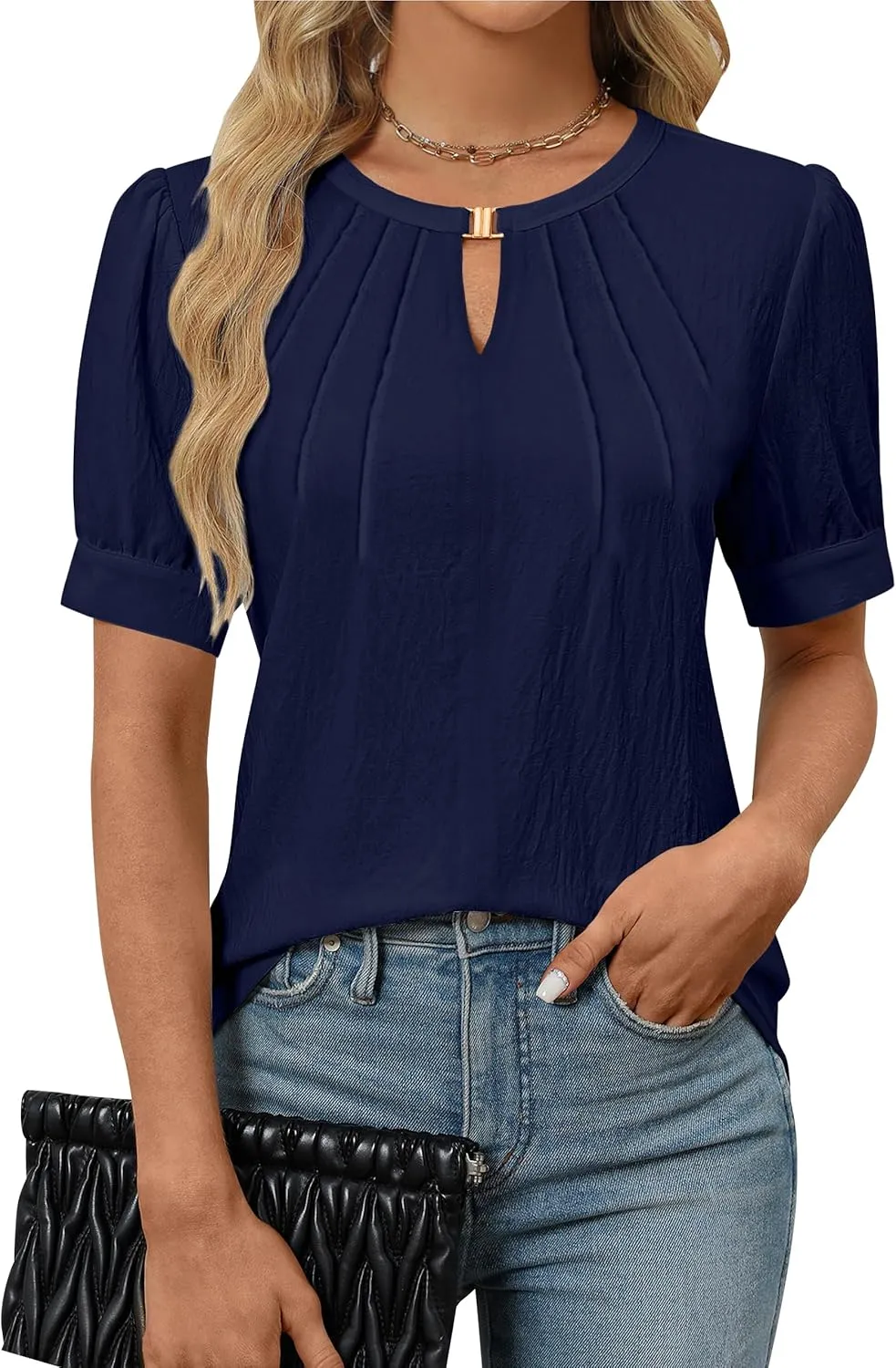 Blooming Jelly Womens Dressy Casual Tops Keyhole Business Work Blouses Pleated Puff Sleeve Summer Shirts