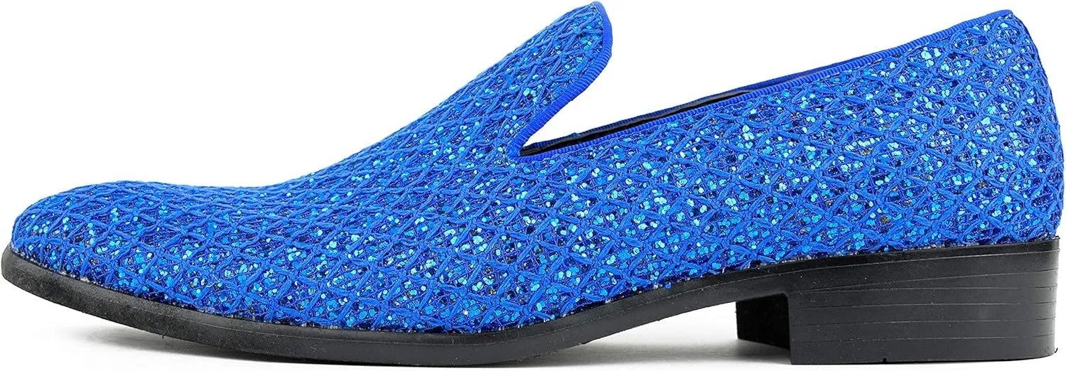 Bolano Sarlo Men's Dress Shoes, Black Glitter Loafer for Prom, Metallic Tuxedo Slip-on