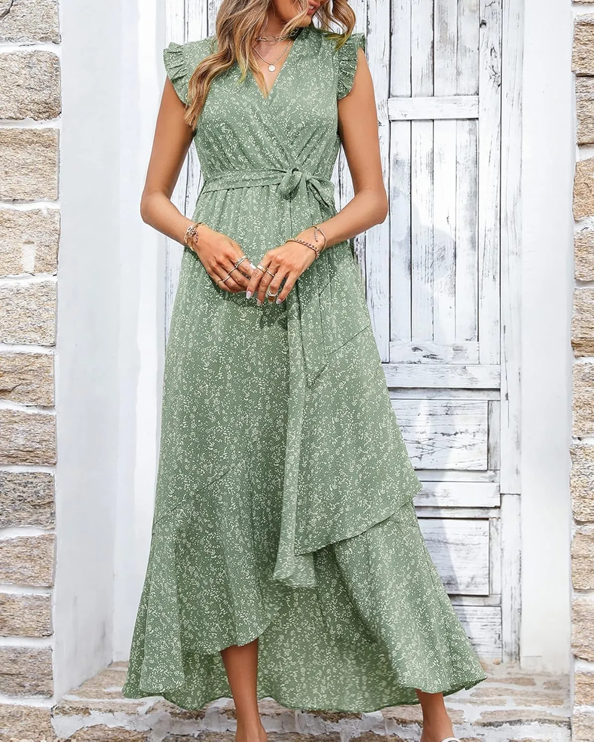 BTFBM Summer Floral Maxi Dress for Women 2025 Vacation Ruffle Sleeve V Neck Belt Wrap Spring Beach Wedding Guest Dresses