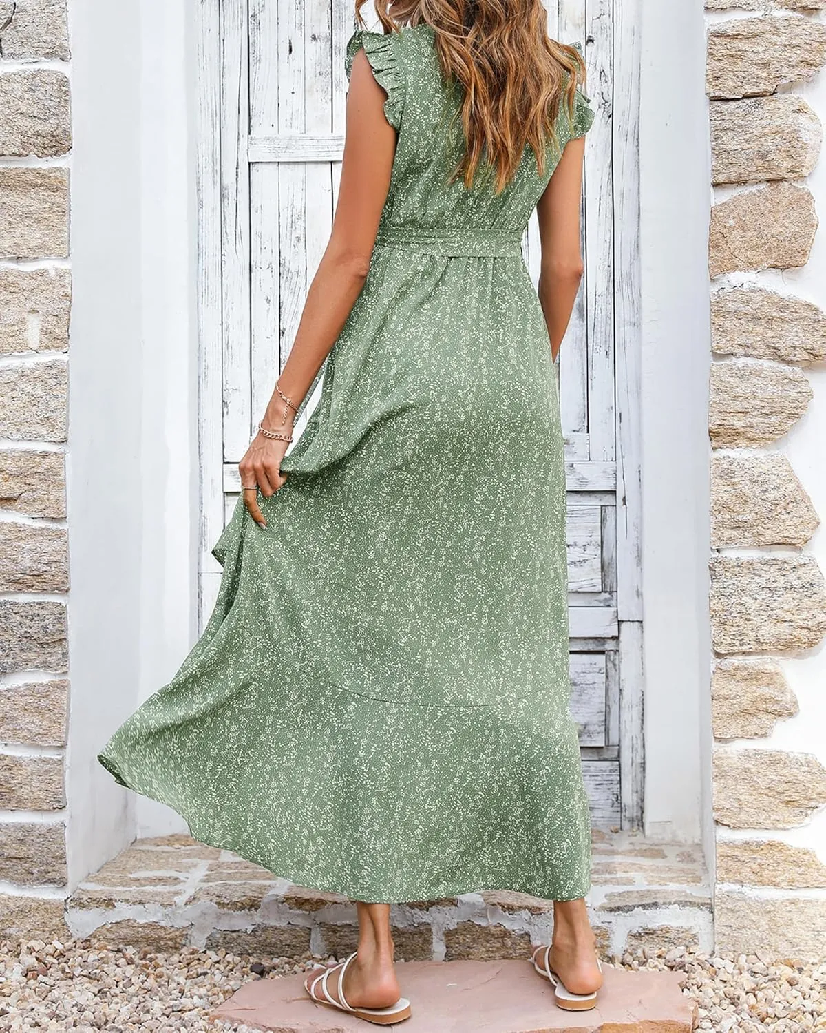BTFBM Summer Floral Maxi Dress for Women 2025 Vacation Ruffle Sleeve V Neck Belt Wrap Spring Beach Wedding Guest Dresses