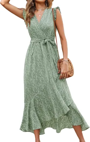 BTFBM Summer Floral Maxi Dress for Women 2025 Vacation Ruffle Sleeve V Neck Belt Wrap Spring Beach Wedding Guest Dresses