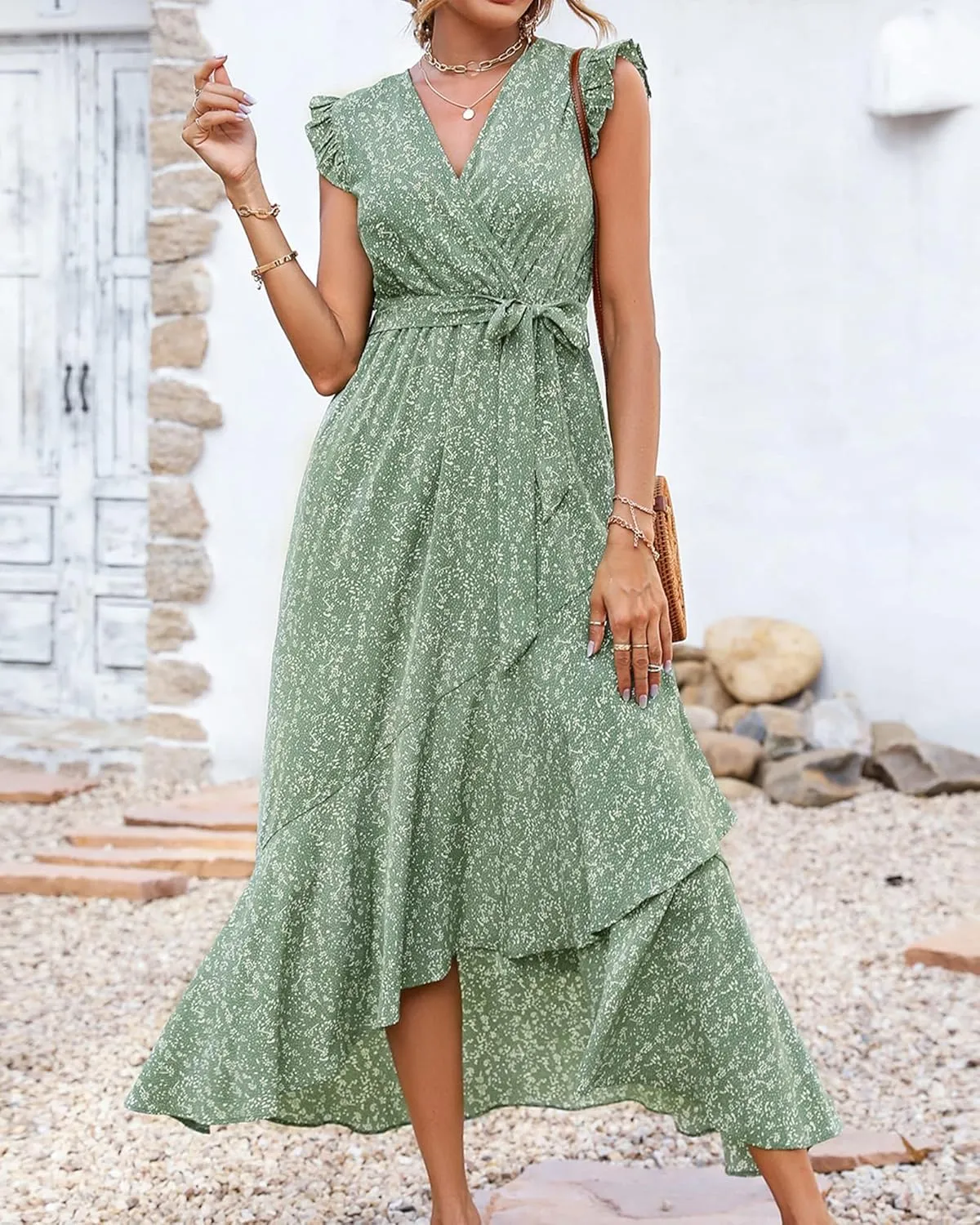 BTFBM Summer Floral Maxi Dress for Women 2025 Vacation Ruffle Sleeve V Neck Belt Wrap Spring Beach Wedding Guest Dresses