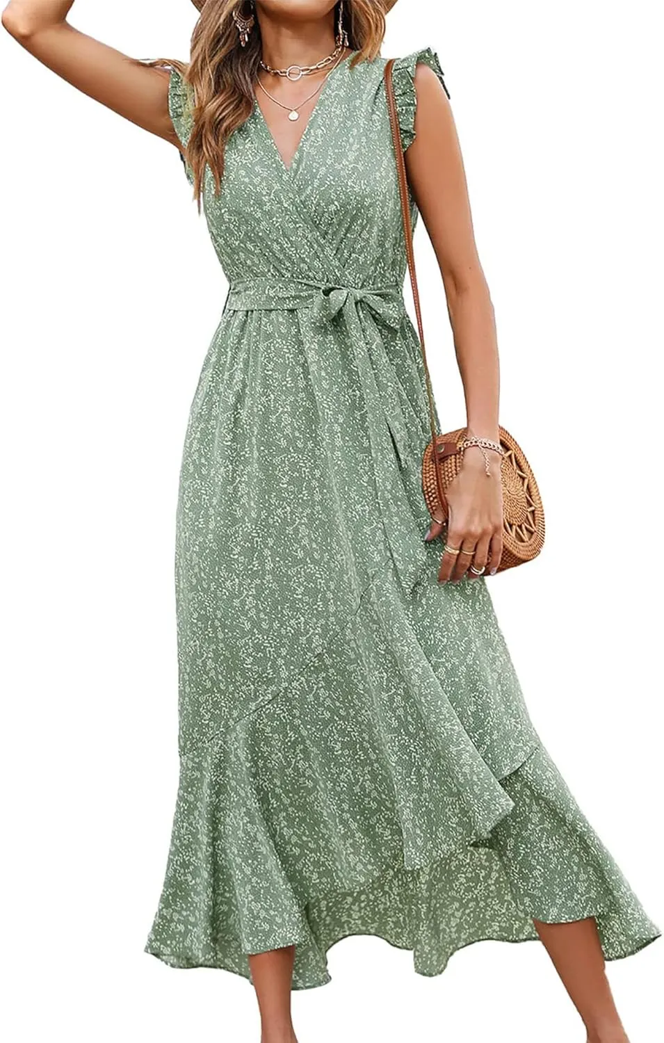 BTFBM Summer Floral Maxi Dress for Women 2025 Vacation Ruffle Sleeve V Neck Belt Wrap Spring Beach Wedding Guest Dresses