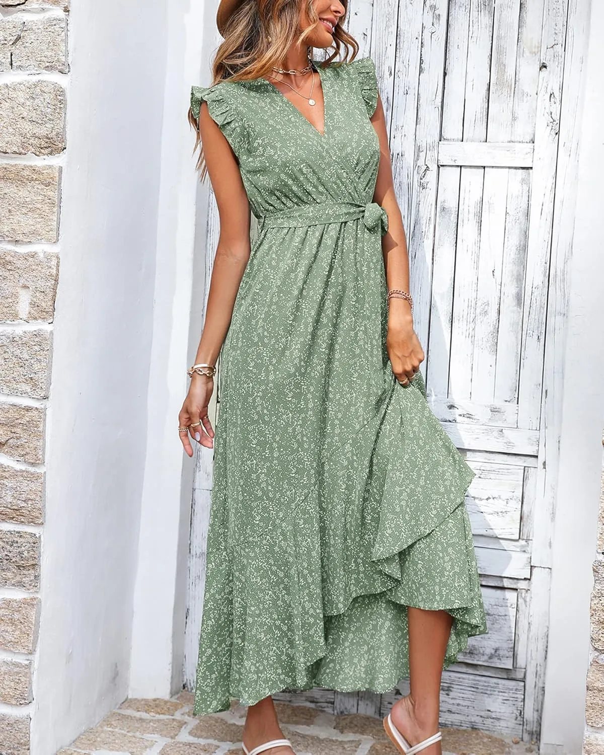 BTFBM Summer Floral Maxi Dress for Women 2025 Vacation Ruffle Sleeve V Neck Belt Wrap Spring Beach Wedding Guest Dresses